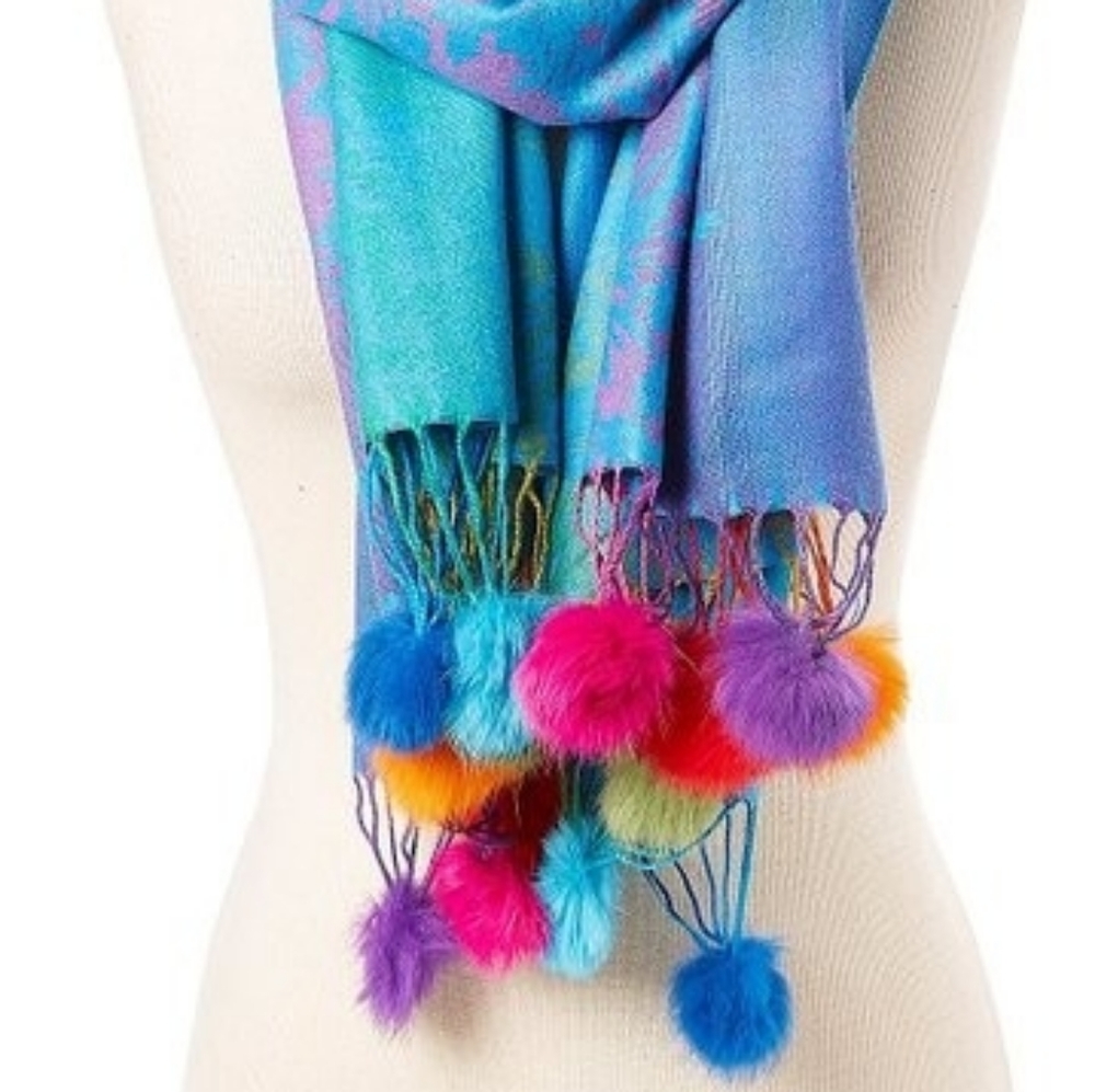 ITALMODE Turquoise Pom-Pom Accent Scarf - Picture 2 of 3